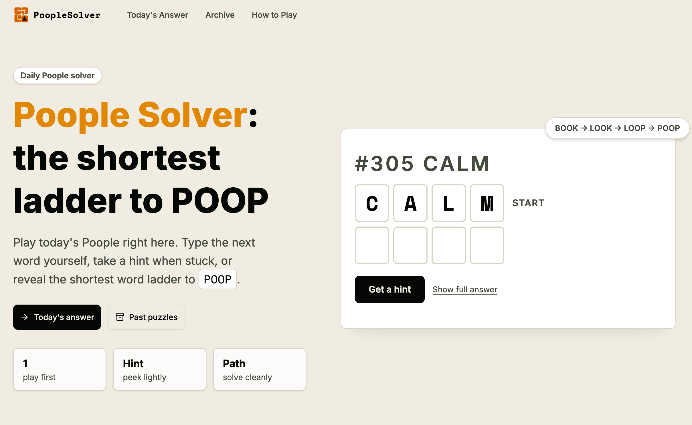 Poople Solver — Today's Shortest Ladder to POOP